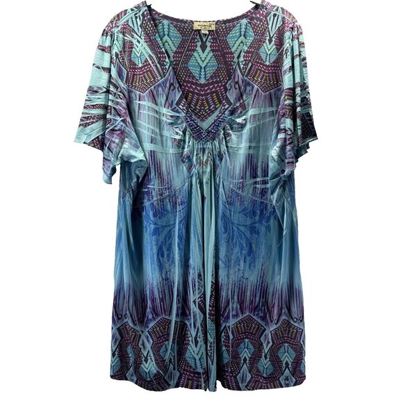 One World Tunic Top Plus Size 3X Colorful Artsy Bohemian Slinky Short Sleeves - Picture 1 of 8